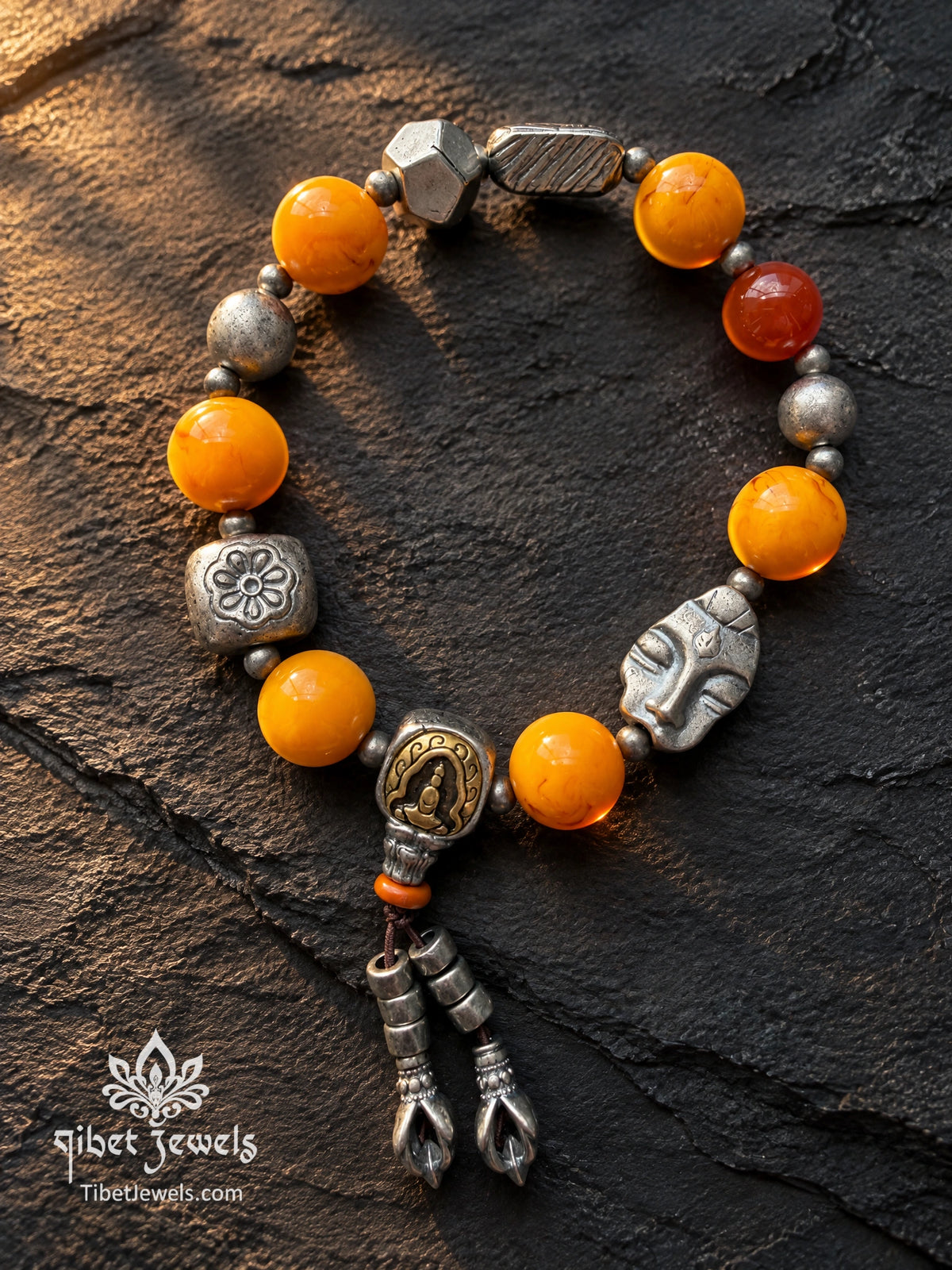 The "Sun & Resolve" Natural Beeswax Amber Bracelet | Tibetan Silver