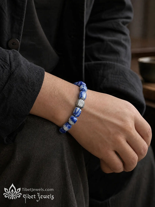 The "Sea of Truth" Sodalite & Copper-Silver Fish Bracelet | Tibetan Stretch Mala
