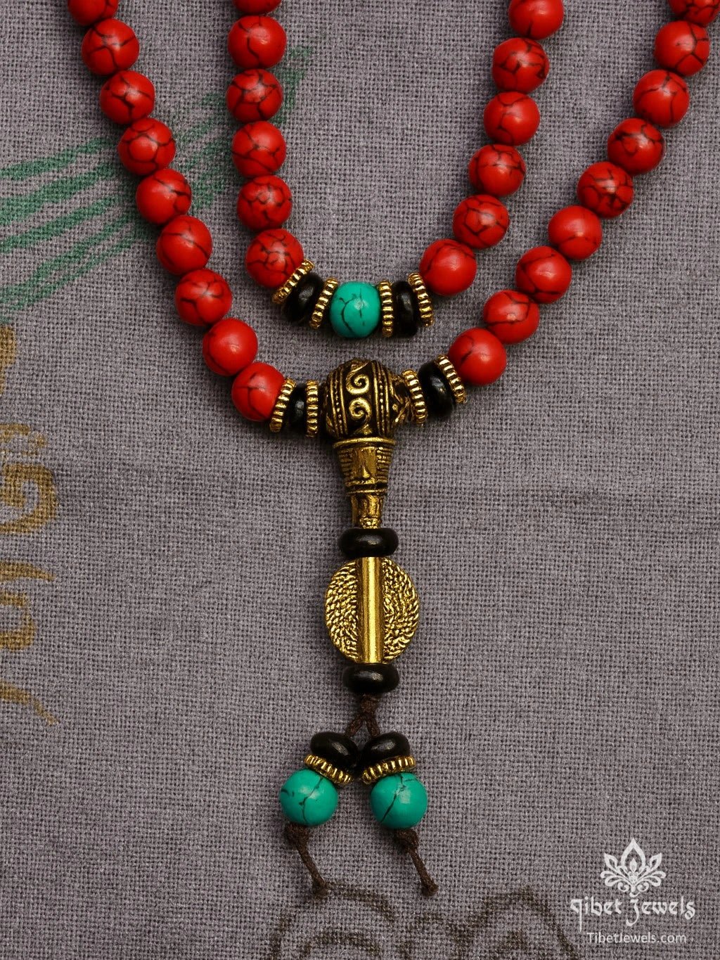 Tibetan Red & Green Stone Beaded Necklace - Tibet Jewels
