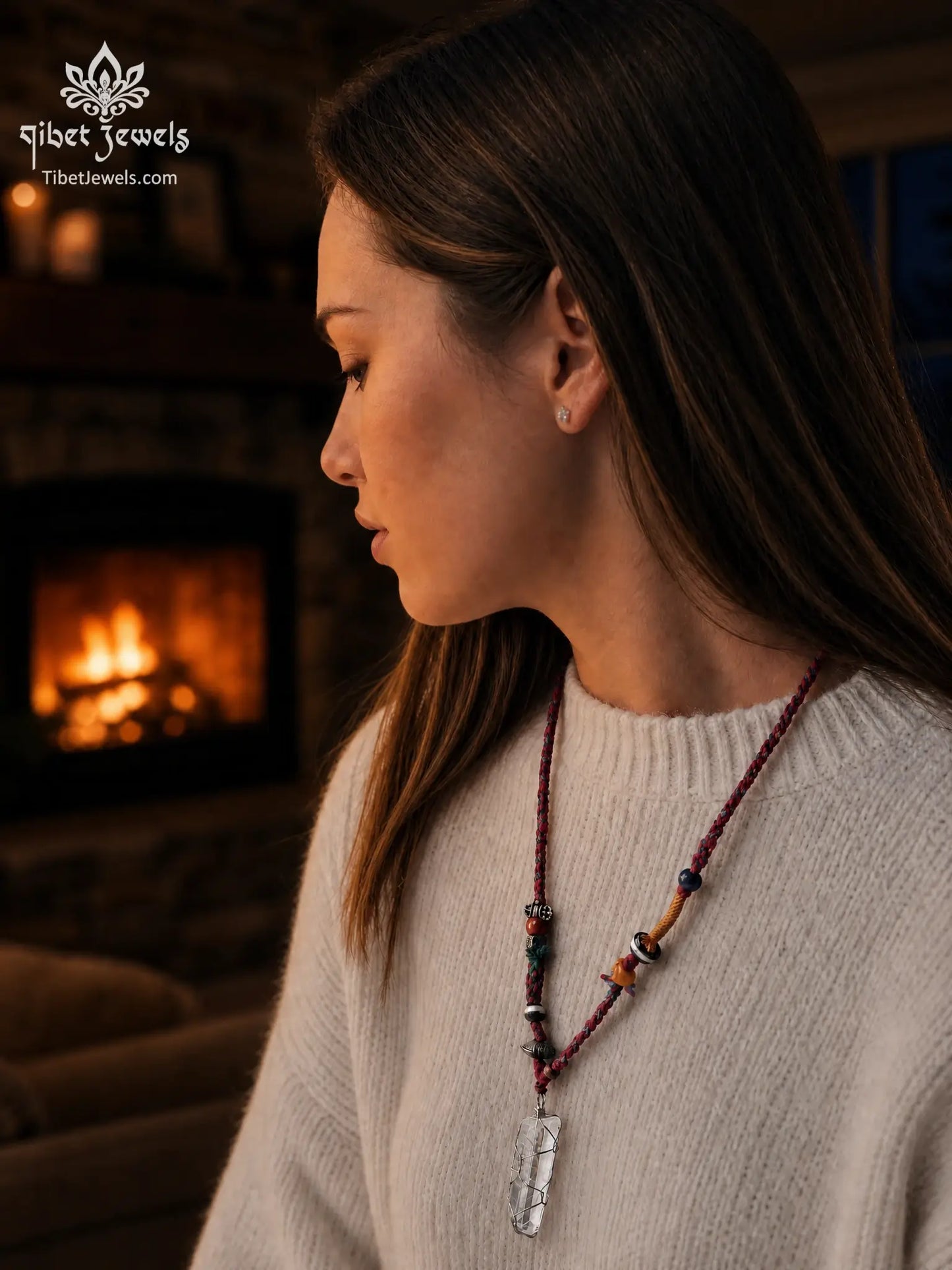 Handwoven Tibetan spirit cord necklace featuring an uncut Himalayan raw crystal pendant, brass Vajra, old Dzi, and Yak bone Chitipati.