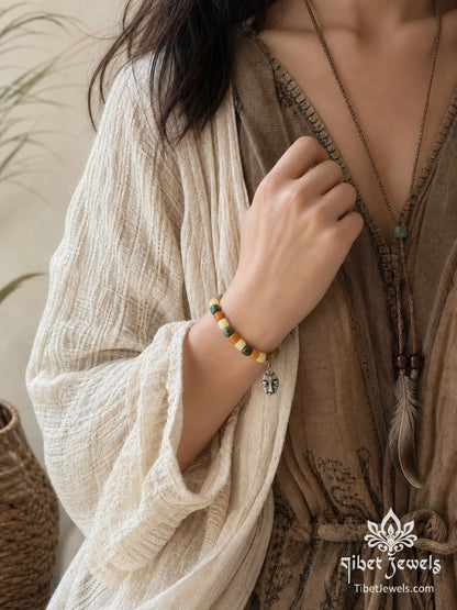 The "Inward Gaze" Multicolor Bodhi Root Bracelet | Tibetan Silver Buddha Amulet