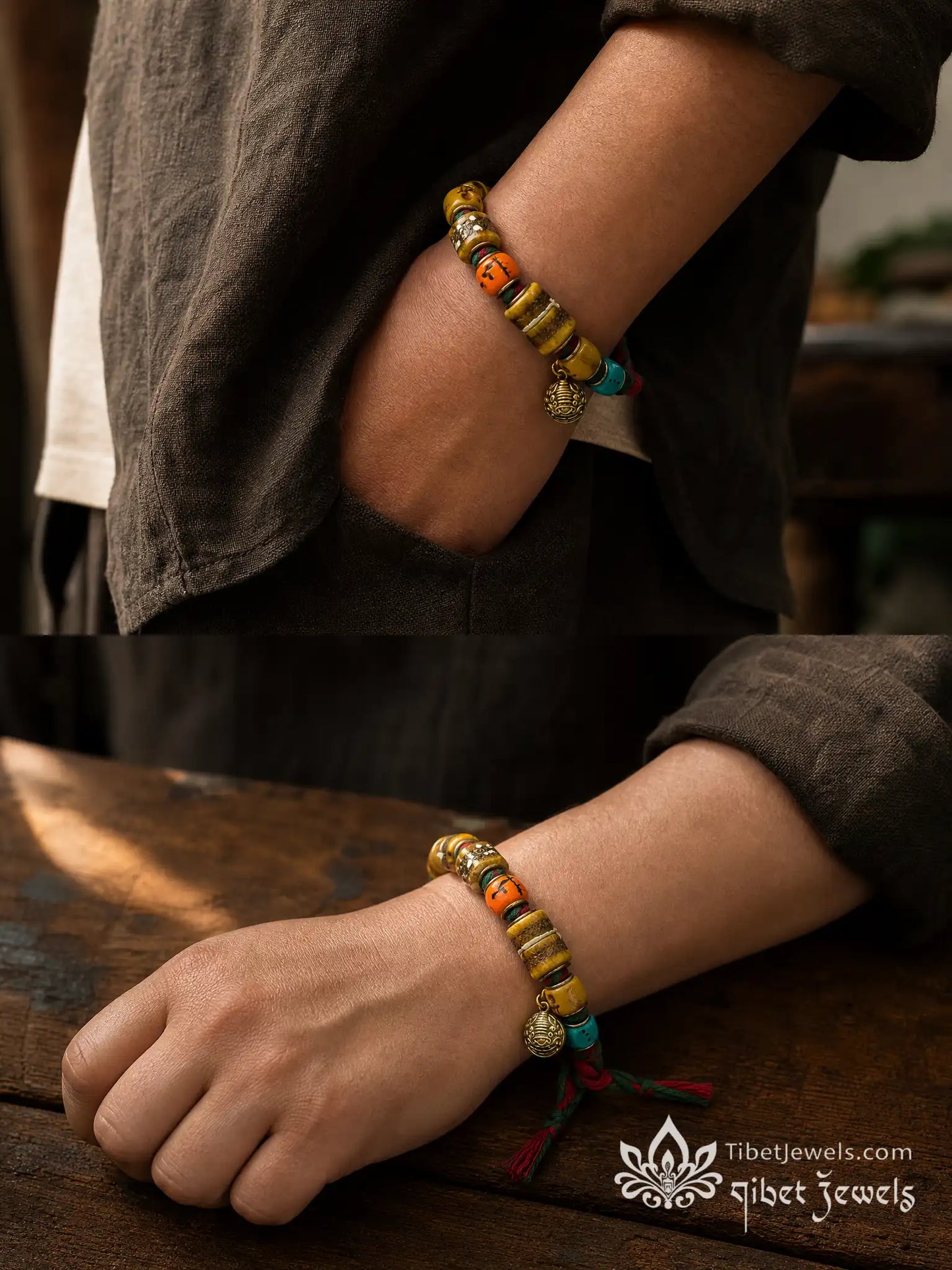 Adjustable red-and-green woven cord and sliding knot of a Tibetan dice bracelet.