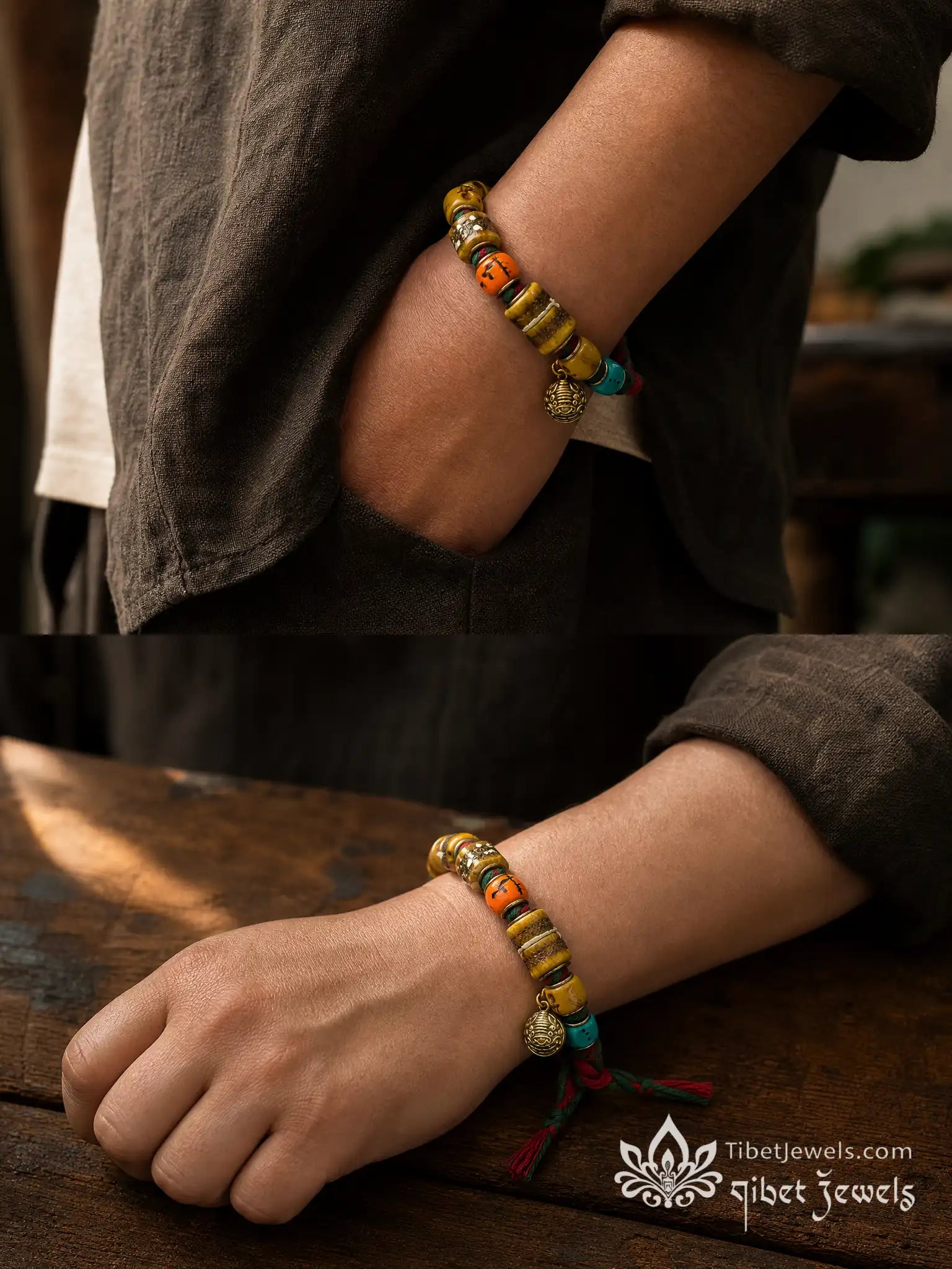 Adjustable red-and-green woven cord and sliding knot of a Tibetan dice bracelet.