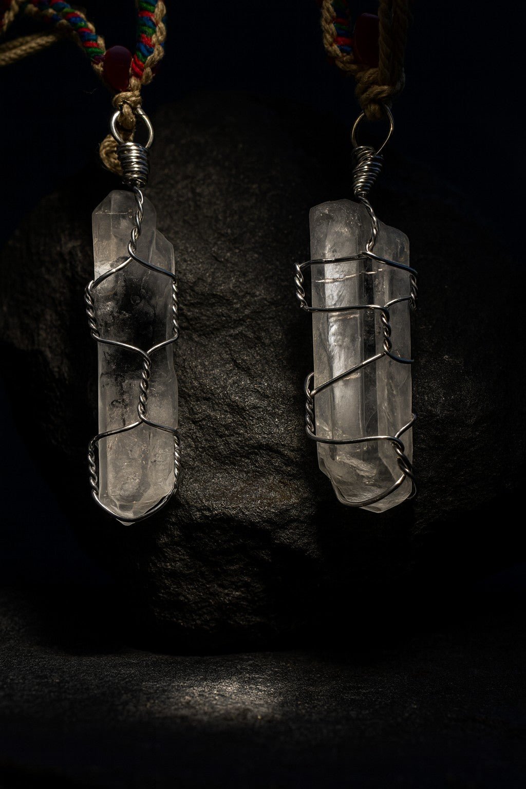 Clear Quartz Amulet Necklace with Dzi Bead & Handwoven Cord - Tibet Jewels