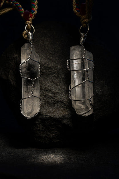 Clear Quartz Amulet Necklace with Dzi Bead & Handwoven Cord - Tibet Jewels