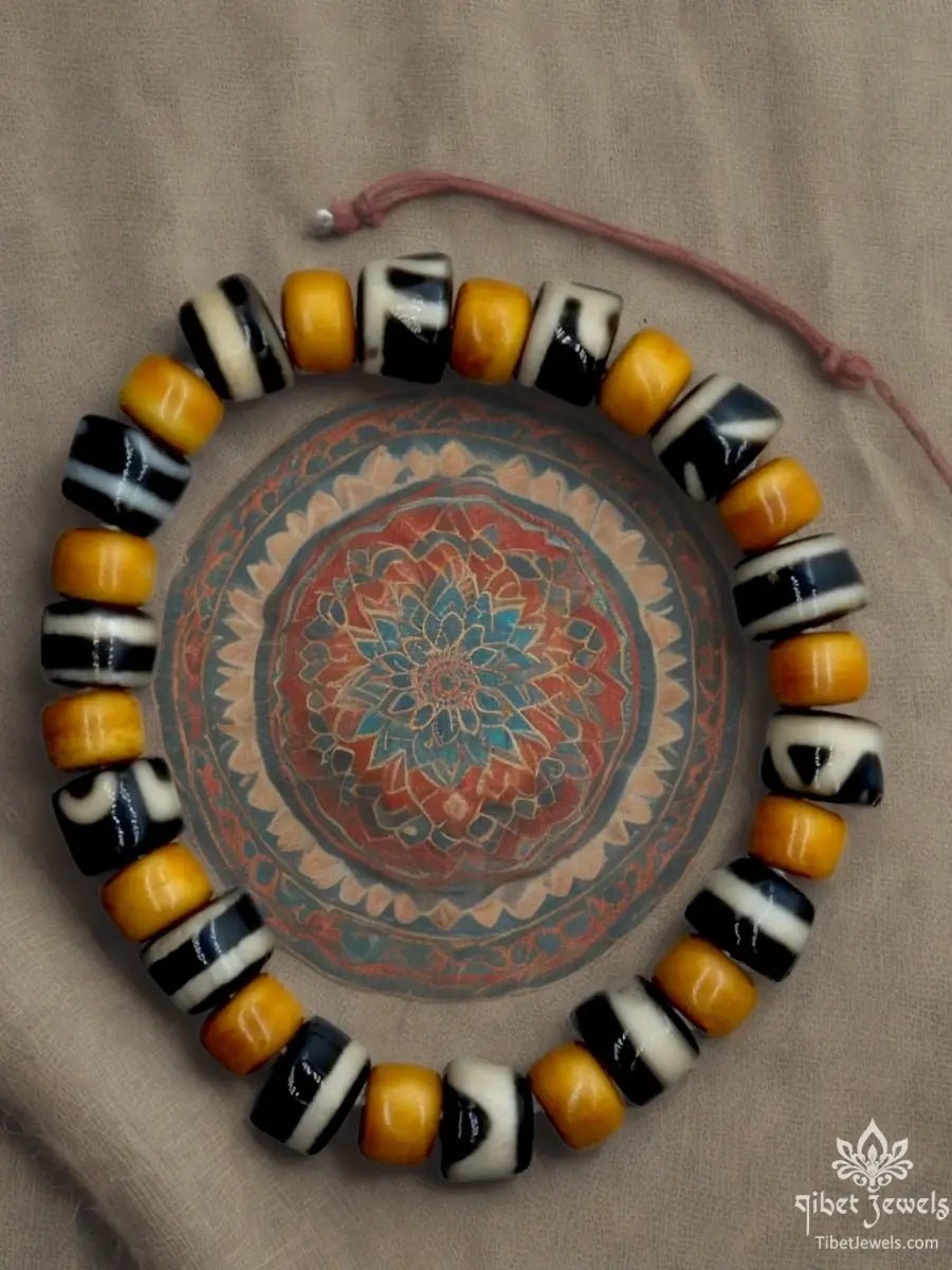 Tibetan Yak Bone & Dzi Agate Bead Bracelet - Tibet Jewels