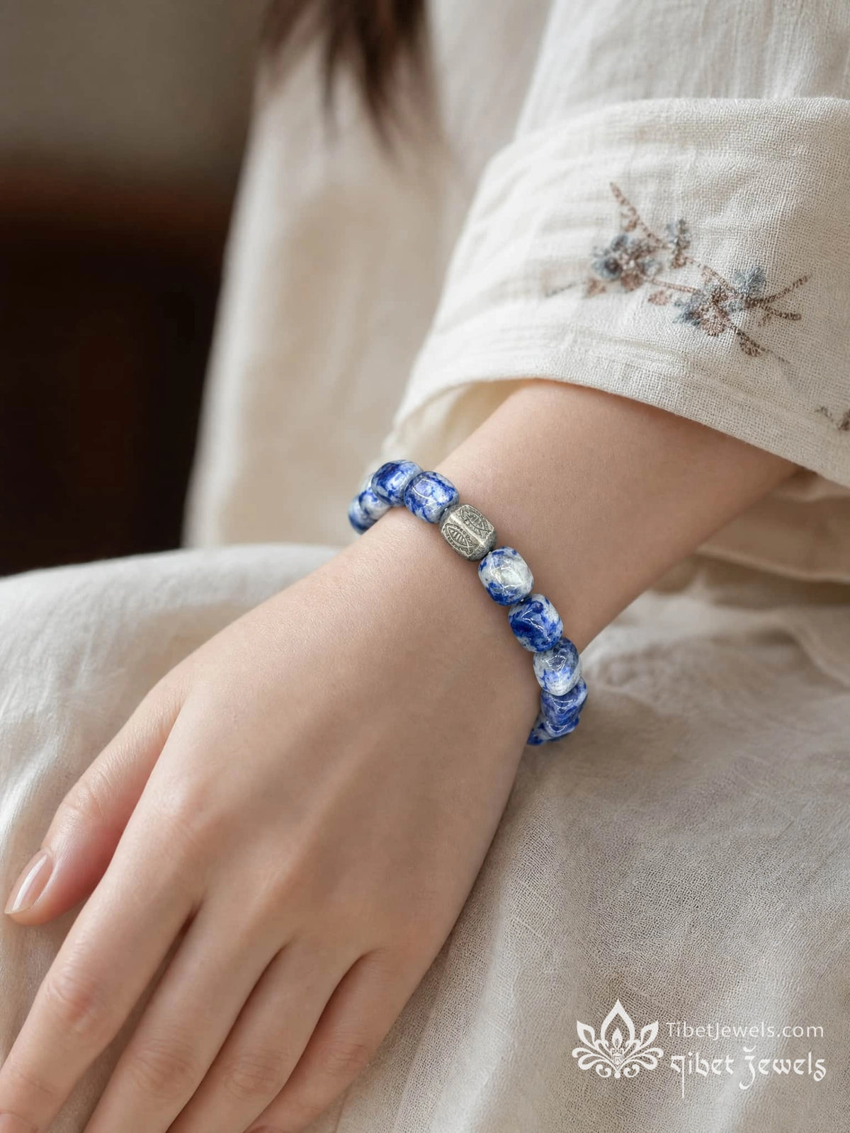 The "Sea of Truth" Sodalite & Copper-Silver Fish Bracelet | Tibetan Stretch Mala