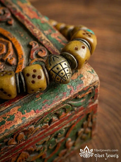 Sacred "Circle of Fate" Copper - Inlay Dice Mala - Tibet Jewels