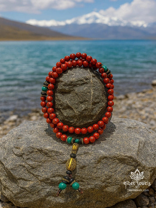 Tibetan Red & Green Stone Beaded Necklace - Tibet Jewels