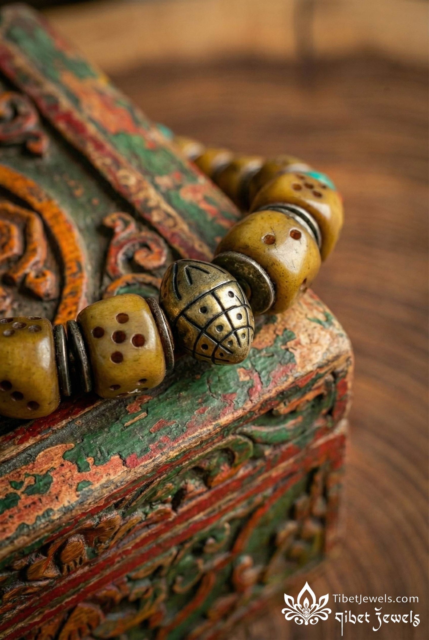 Sacred "Circle of Fate" Copper - Inlay Dice Mala - Tibet Jewels