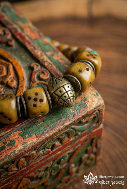 Sacred "Circle of Fate" Copper - Inlay Dice Mala - Tibet Jewels