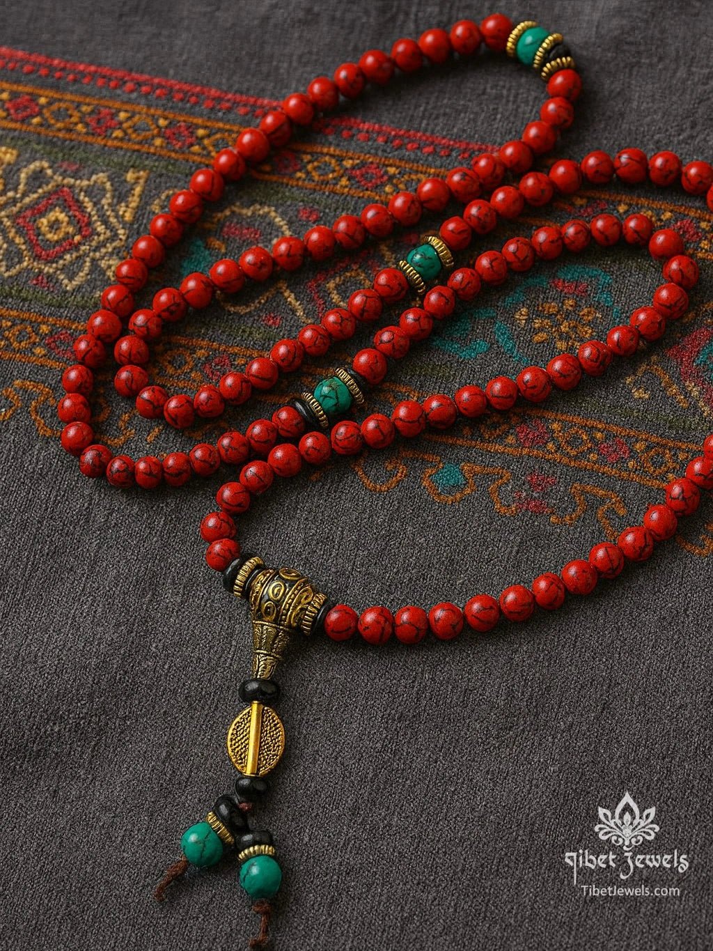 Tibetan Red & Green Stone Beaded Necklace - Tibet Jewels