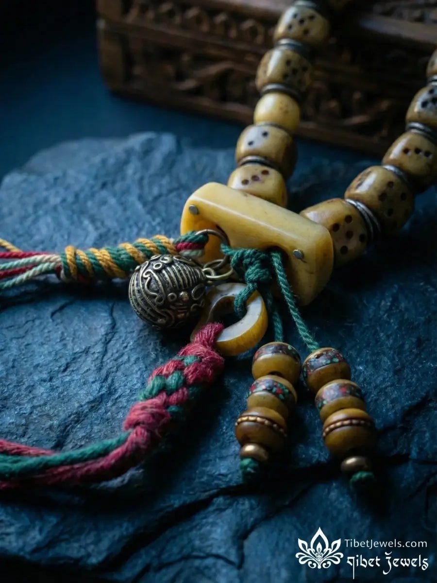 Sacred "Circle of Fate" Copper - Inlay Dice Mala - Tibet Jewels