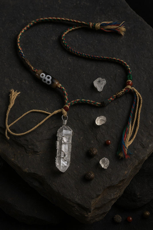 Clear Quartz Amulet Necklace with Dzi Bead & Handwoven Cord - Tibet Jewels