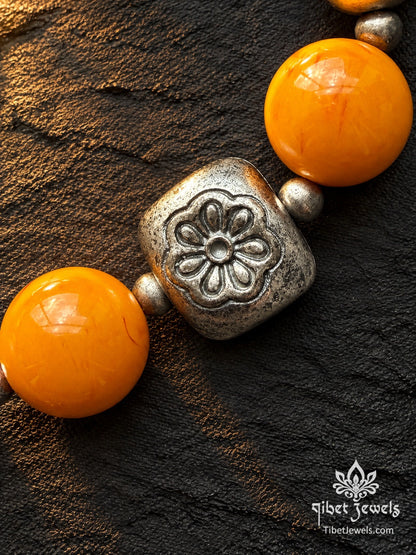 The "Sun & Resolve" Natural Beeswax Amber Bracelet | Tibetan Silver