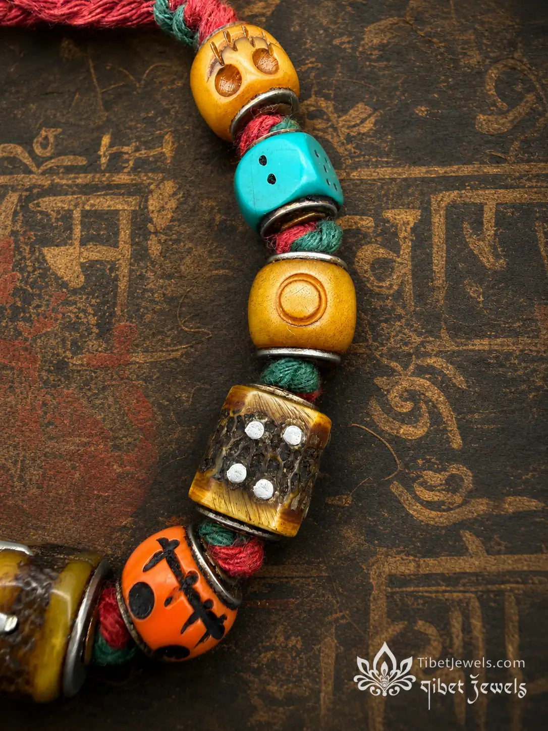 Full circle of copper-inlay yak bone dice and Chitipati beads, Tibetan wrist mala.