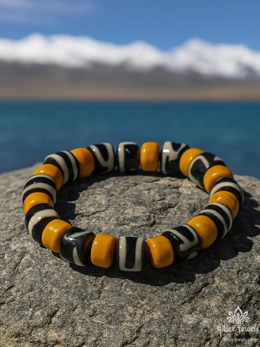 Tibetan Yak Bone & Dzi Agate Bead Bracelet - Tibet Jewels
