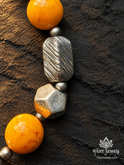 The "Sun & Resolve" Natural Beeswax Amber Bracelet | Tibetan Silver