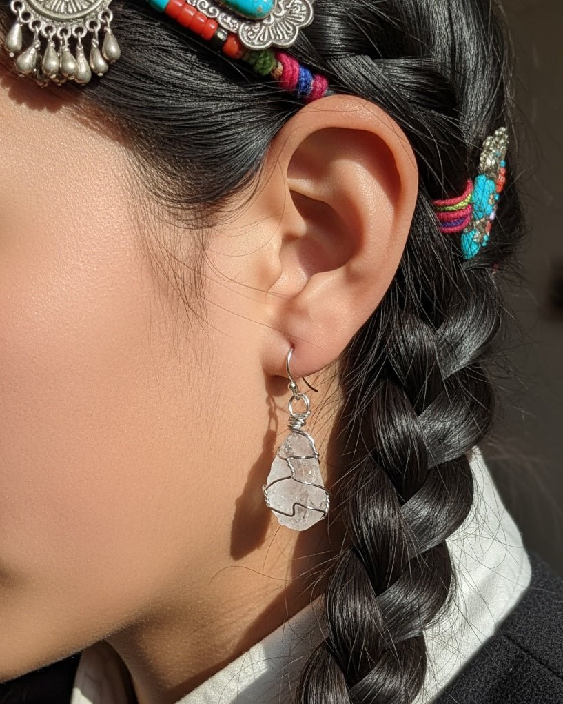 Handcrafted Natural Crystal Earrings – Silver - Plated Brass Wire - Tibet Jewels