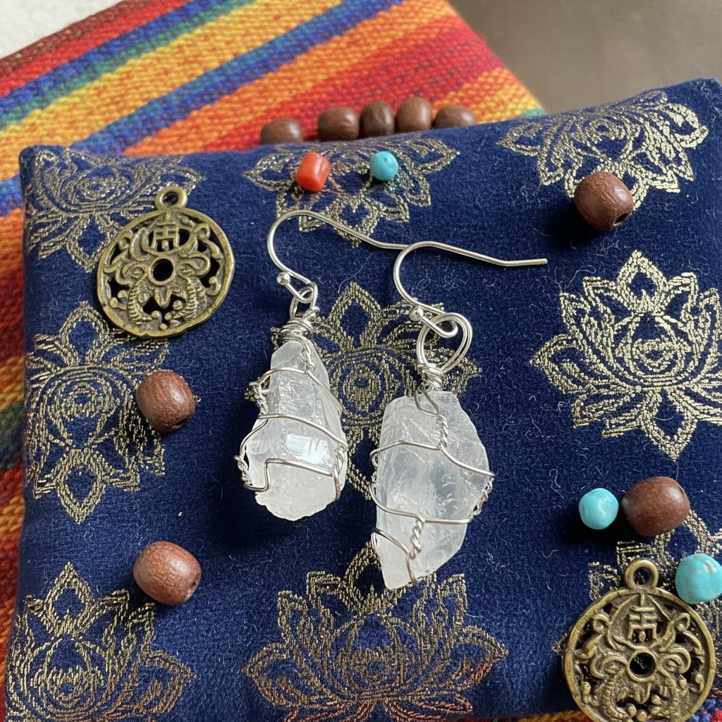 Handcrafted Natural Crystal Earrings – Silver - Plated Brass Wire - Tibet Jewels
