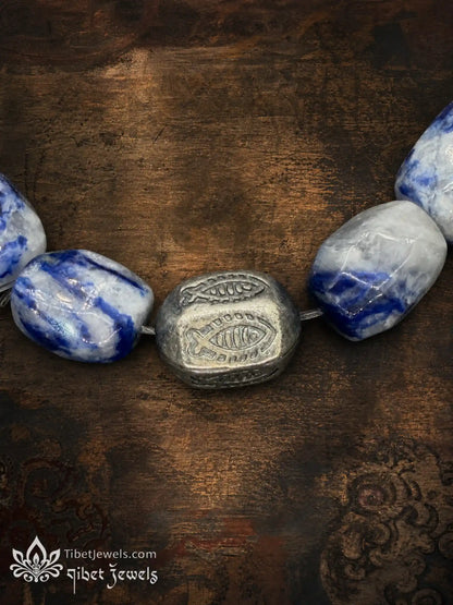 The "Sea of Truth" Sodalite & Copper-Silver Fish Bracelet | Tibetan Stretch Mala