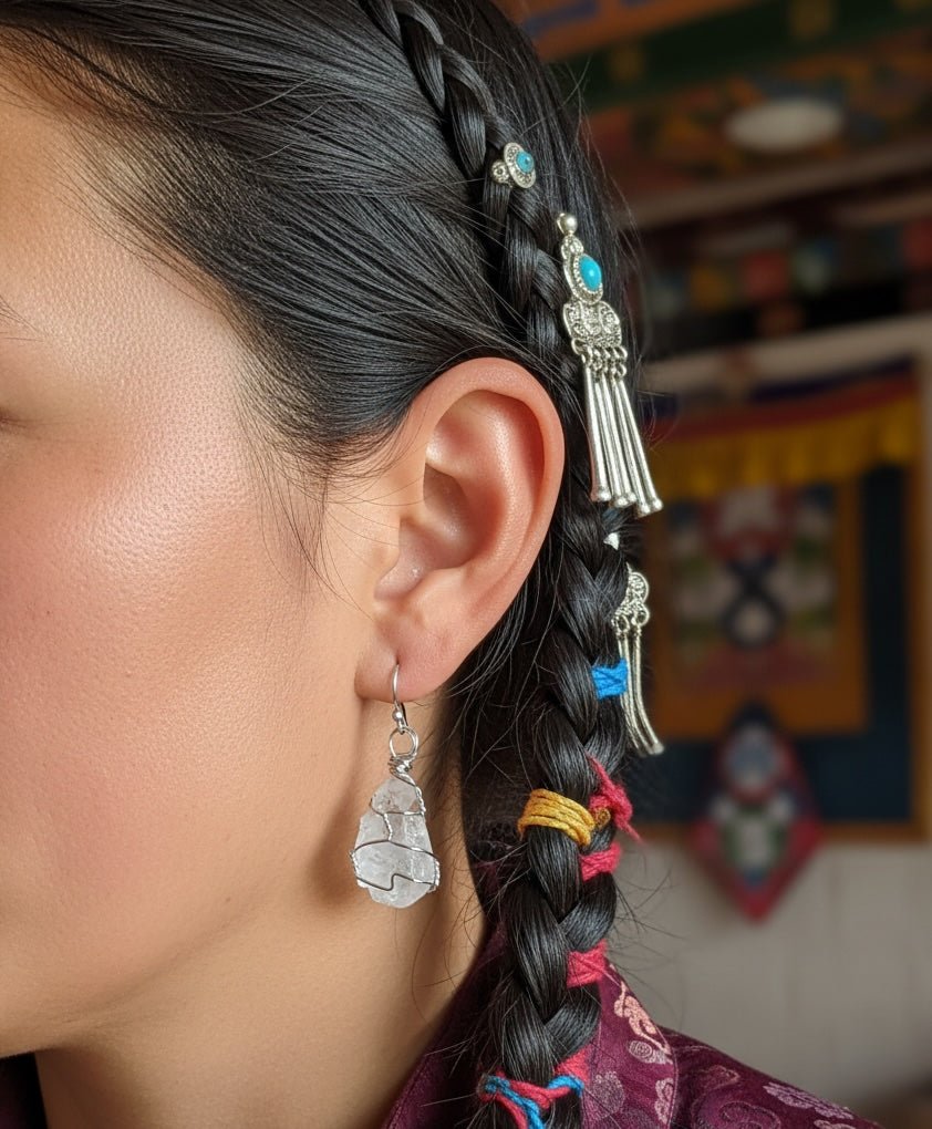 Handcrafted Natural Crystal Earrings – Silver - Plated Brass Wire - Tibet Jewels
