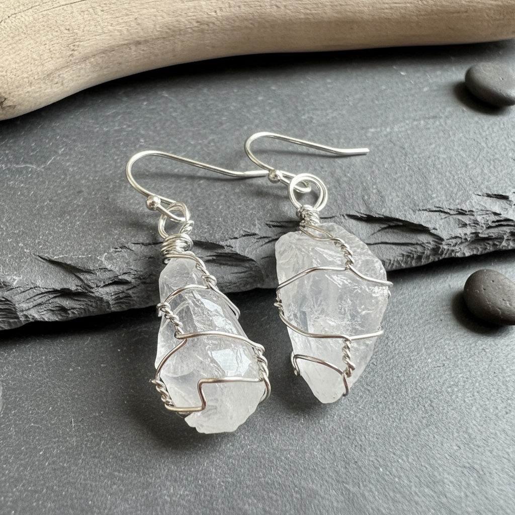 Handcrafted Natural Crystal Earrings – Silver - Plated Brass Wire - Tibet Jewels