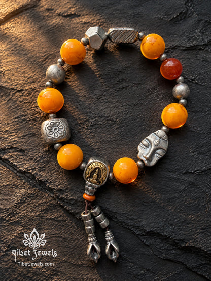 The "Sun & Resolve" Natural Beeswax Amber Bracelet | Tibetan Silver