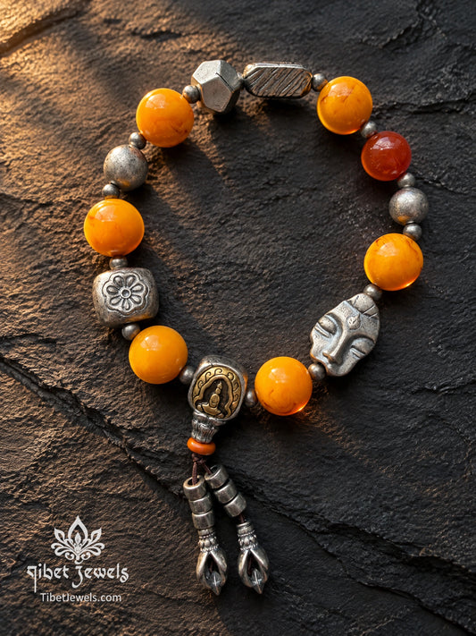 The "Sun & Resolve" Natural Beeswax Amber Bracelet | Tibetan Silver