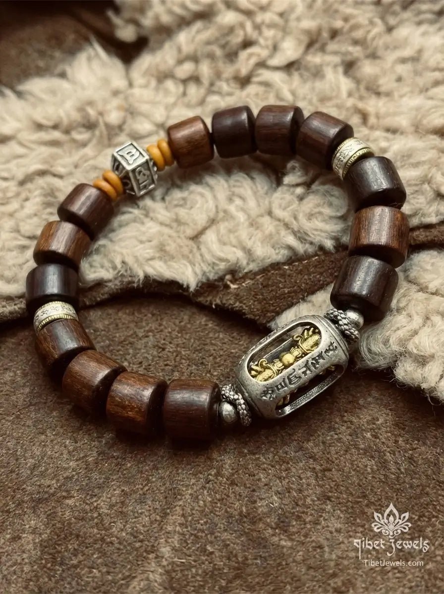 Sacred Lightning - Struck Wood & Vajra Prayer Wheel Amulet - Tibet Jewels