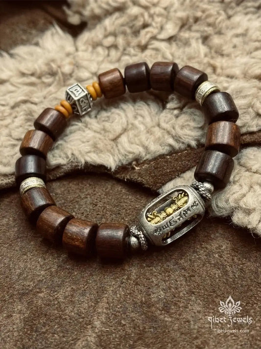 Sacred Lightning - Struck Wood & Vajra Prayer Wheel Amulet - Tibet Jewels