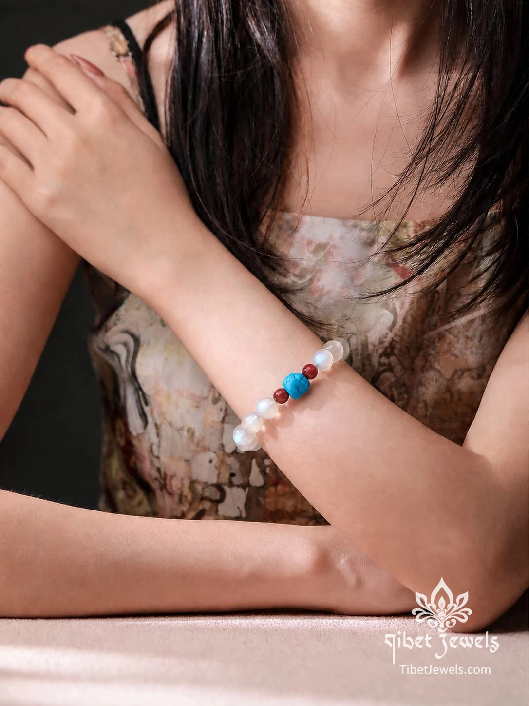 The "Moonlit Passage" White Moonstone & Turquoise Bracelet | Red Agate Accent