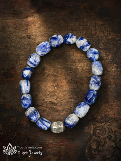 The "Sea of Truth" Sodalite & Copper-Silver Fish Bracelet | Tibetan Stretch Mala