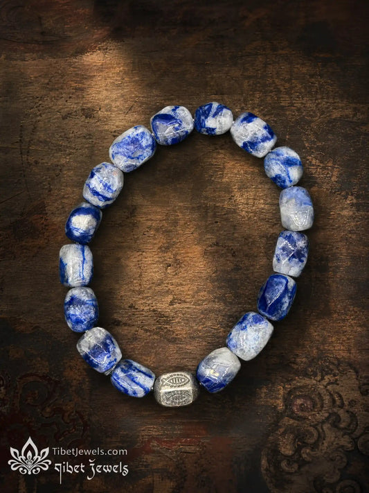 The "Sea of Truth" Sodalite & Copper-Silver Fish Bracelet | Tibetan Stretch Mala
