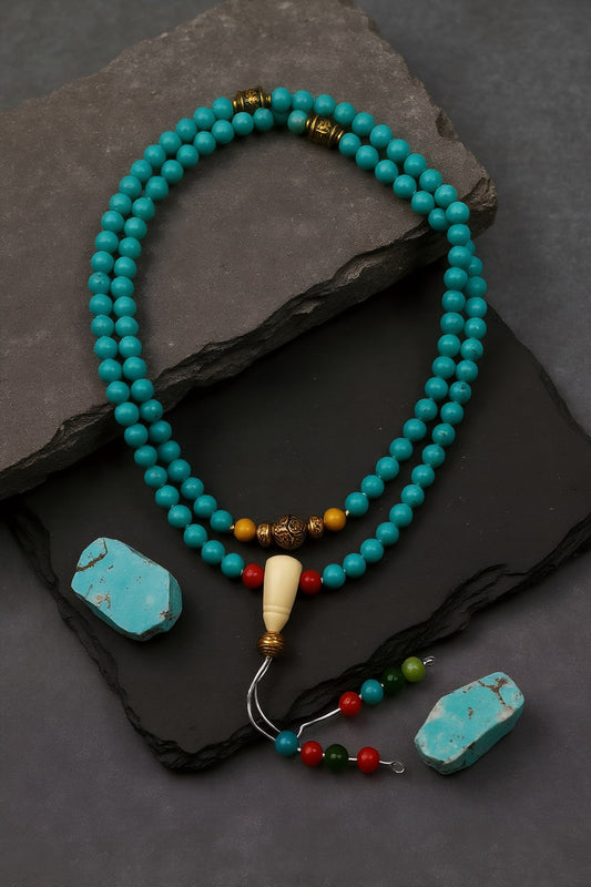 Tibetan Turquoise Mala Necklace – Symbol of Clarity and Protection