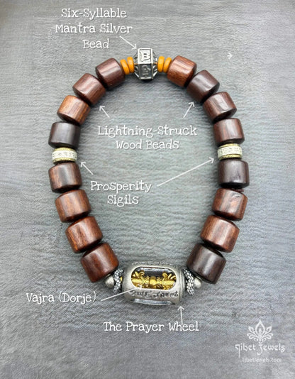 Sacred Lightning - Struck Wood & Vajra Prayer Wheel Amulet - Tibet Jewels