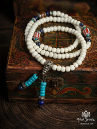 Handcrafted 6mm white jade bodhi seed meditation mala necklace with turquoise, lapis lazuli, and old agate beads.