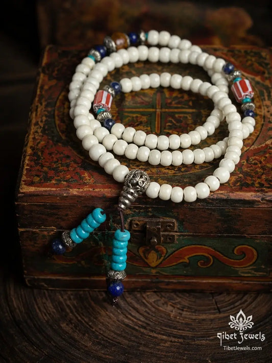 Handcrafted 6mm white jade bodhi seed meditation mala necklace with turquoise, lapis lazuli, and old agate beads.