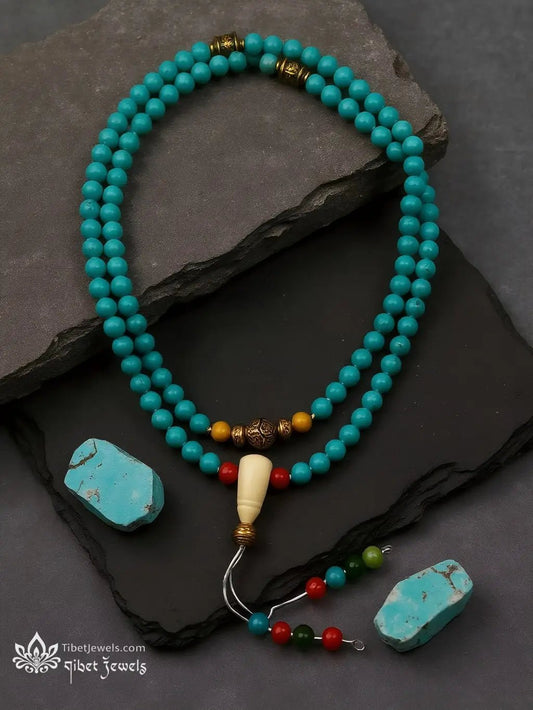 Tibetan Turquoise Mala Necklace – Symbol of Clarity and Protection - Tibet Jewels