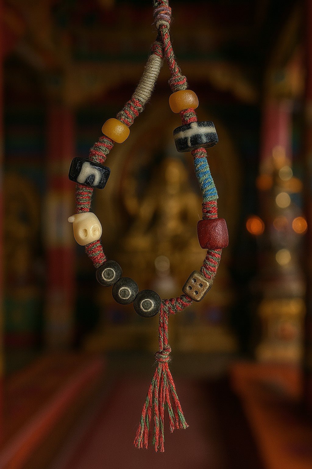 Sacred Tibetan yak bone ritual amulet with hand-carved skull for spiritual protection.