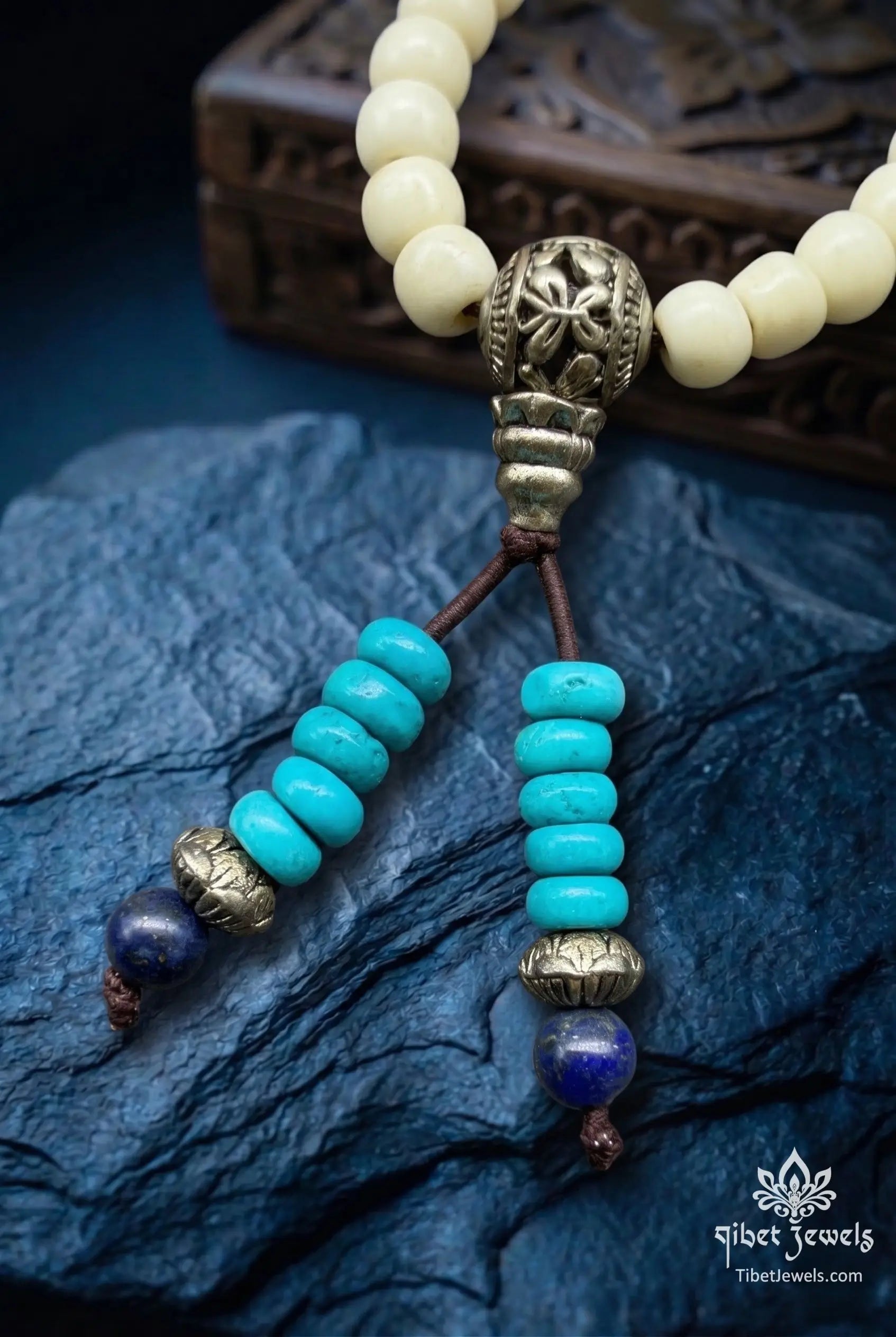 Handcrafted 6mm white jade bodhi seed meditation mala necklace with turquoise, lapis lazuli, and old agate beads.