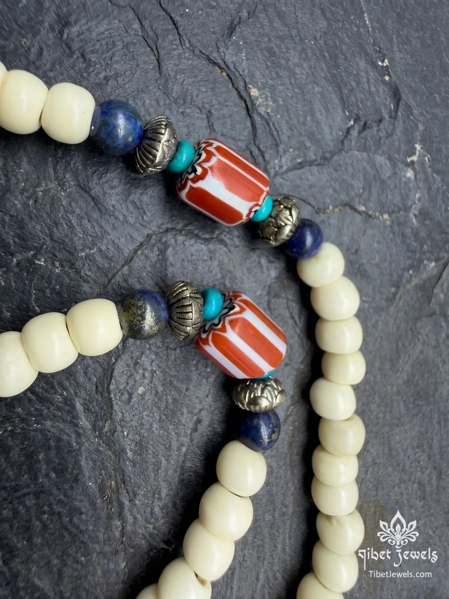 Handcrafted 6mm white jade bodhi seed meditation mala necklace with turquoise, lapis lazuli, and old agate beads.