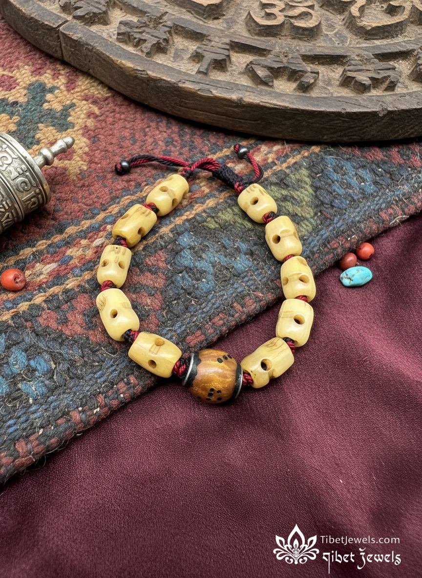 Handcrafted Yak Bone Bracelet with Ritual Dice Bead - Tibet Jewels