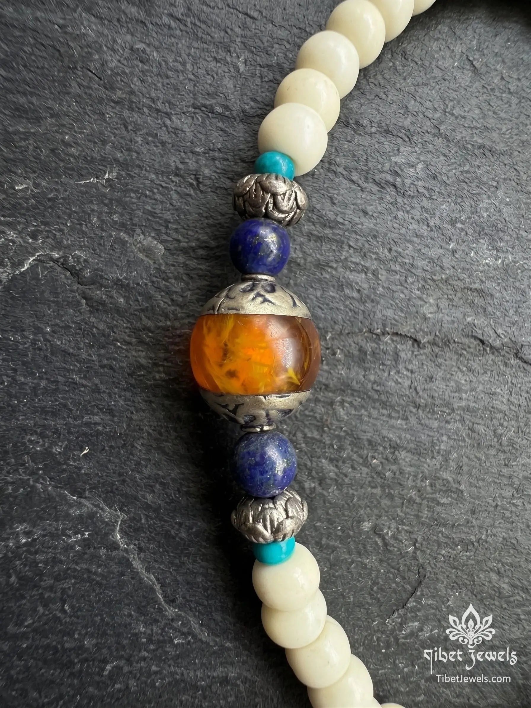 Handcrafted 6mm white jade bodhi seed meditation mala necklace with turquoise, lapis lazuli, and old agate beads.