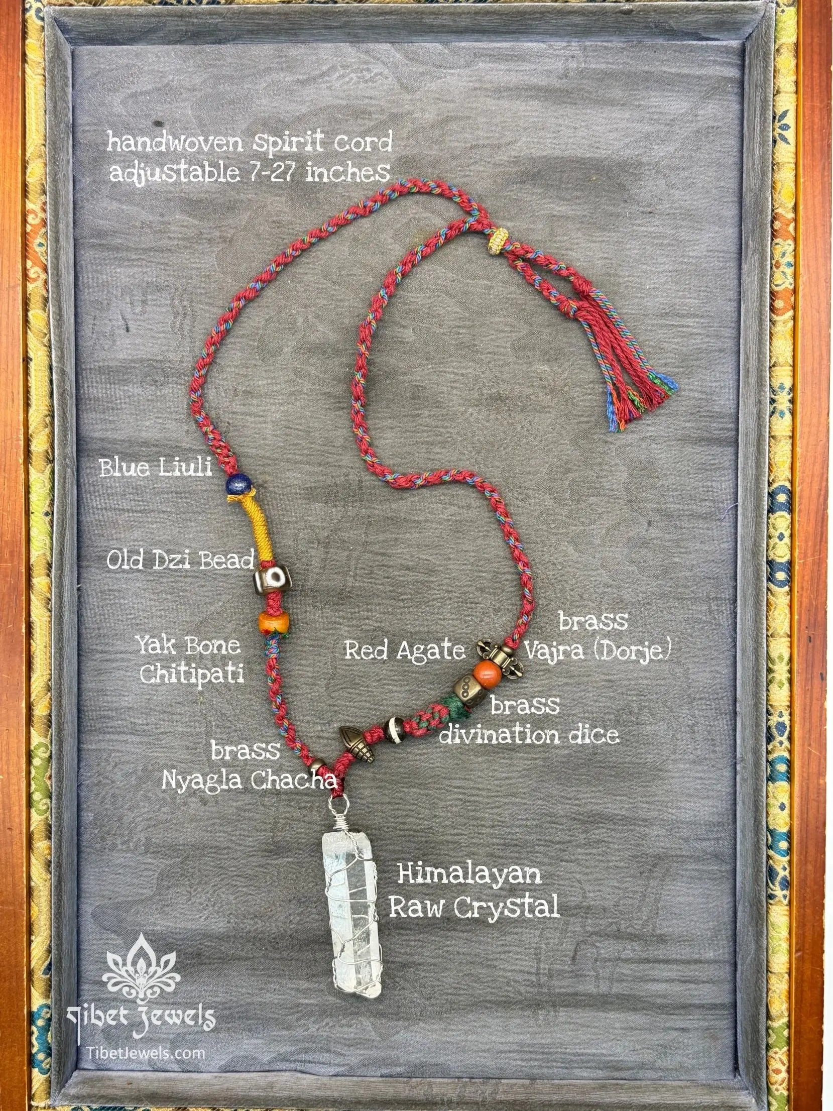 Handwoven Tibetan spirit cord necklace featuring an uncut Himalayan raw crystal pendant, brass Vajra, old Dzi, and Yak bone Chitipati.