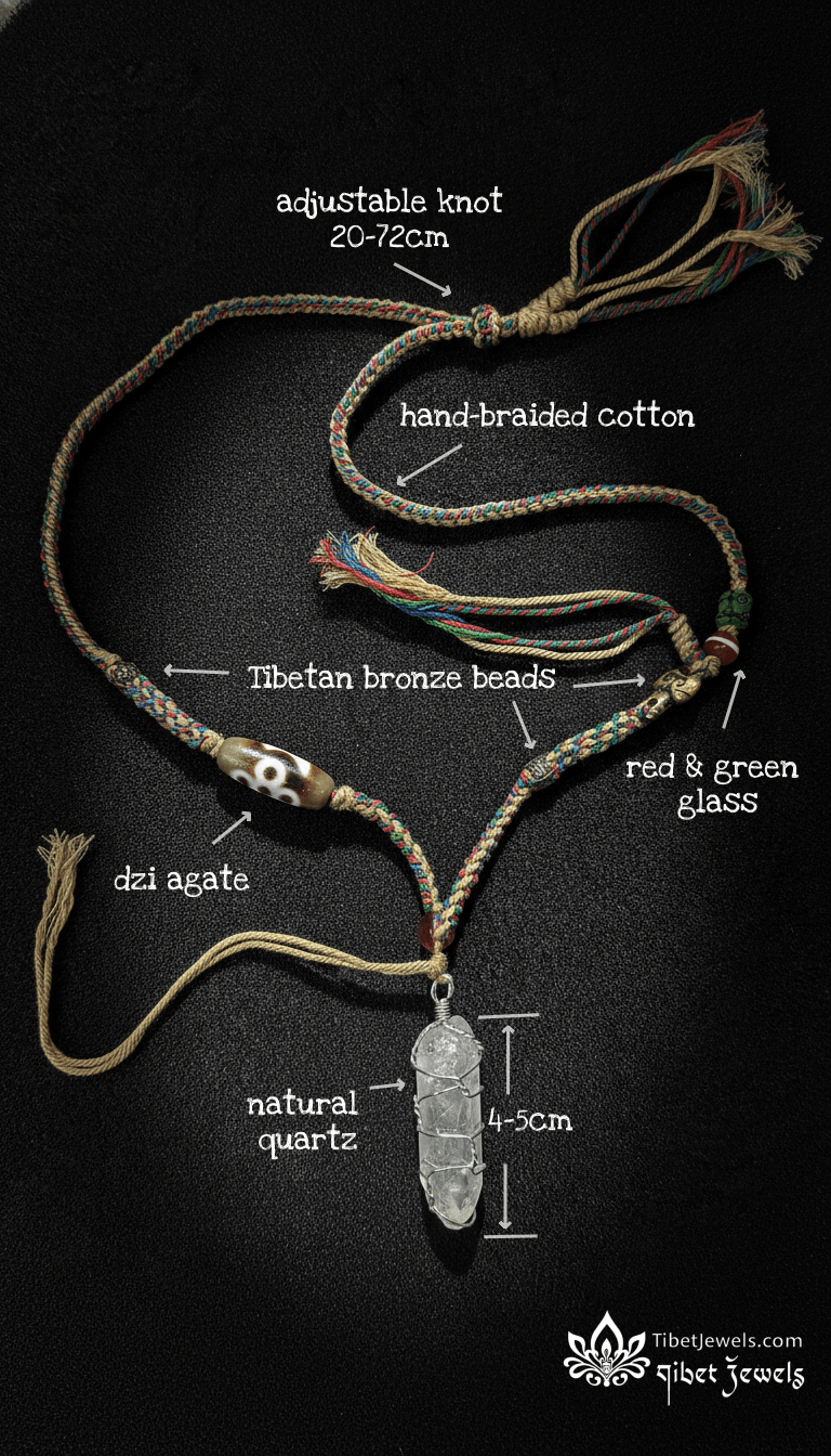 Clear Quartz Amulet Necklace with Dzi Bead & Handwoven Cord - Tibet Jewels