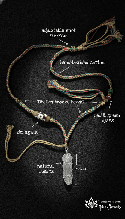 Clear Quartz Amulet Necklace with Dzi Bead & Handwoven Cord - Tibet Jewels