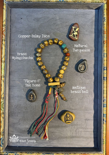 Sacred "Circle of Fate" Copper - Inlay Dice Mala - Tibet Jewels