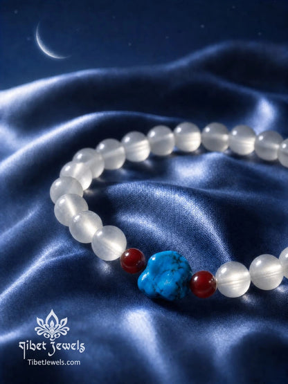 The "Moonlit Passage" White Moonstone & Turquoise Bracelet | Red Agate Accent