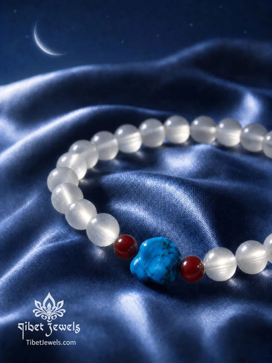 The "Moonlit Passage" White Moonstone & Turquoise Bracelet | Red Agate Accent